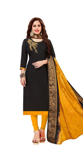 Mayawye Women's Slub Cotton Unstitched Salwar-Suit Material With Dupatta (Black, 2-2.5mtrs)