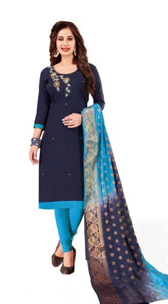 Mayawye Women's Slub Cotton Unstitched Salwar-Suit Material With Dupatta (Navy Blue, 2 Mtr)