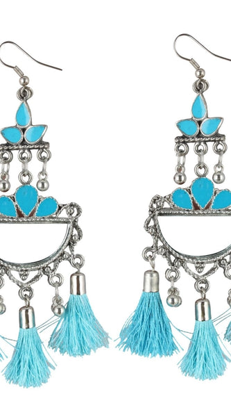 Mayawye Women's Oxidized Silver plated Firoji Tassels Earrings-silver, Blue