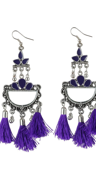 Mayawye Women's Silver Plated Afgani Tassel Earrings-Purple