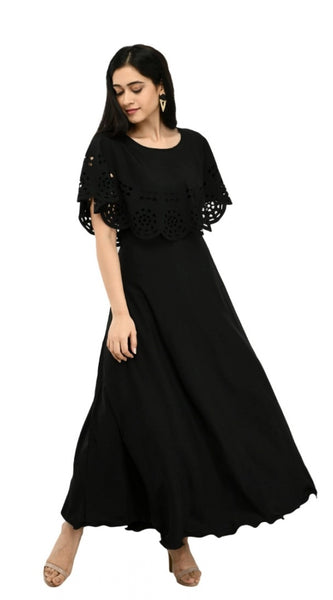 Mayawye Women's Crepe Solid Sleeveless Full Length Gown(Black)
