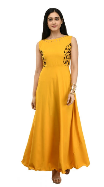 Mayawye Women's Crepe Solid Sleeveless Full Length Gown(Yellow)