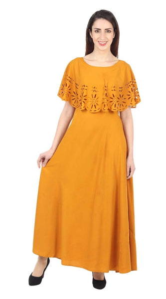 Mayawye Women's Crepe Solid Sleeveless Full Length Gown(Yellow)