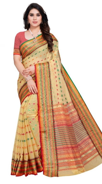 Mayawye Women's Kota Doria Cotton Woven Butta Saree With Blouse (Beige, 5-6 Mtrs)