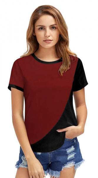 Mayawye Women's Polyester, Knitting Western Wear T-Shirt (Maroon)
