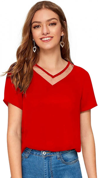 Mayawye Women's Polyester, Knitting Western Wear T-Shirt (Red)