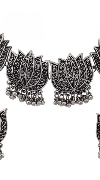 Mayawye Antique Silver Oxidised Tribal Afghani Necklace With Earrings Set For Women