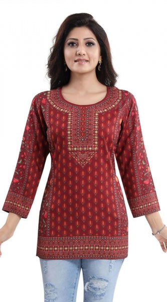 Mayawye Women's Quarter Sleeve Faux Crepe Printed Short Kurti Tunic Top (Color:Red)