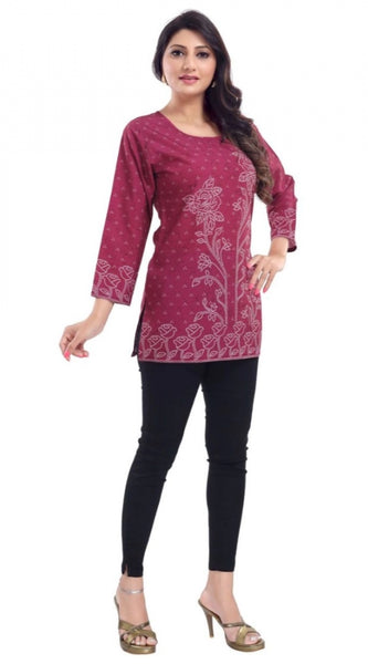 Mayawye Women's Quarter Sleeve Faux Crepe Printed Short Kurti Tunic Top (Color:Magenta)
