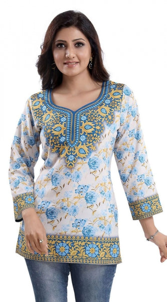 Mayawye Women's Quarter Sleeve Faux Crepe Printed Short Kurti Tunic Top (Color:White)