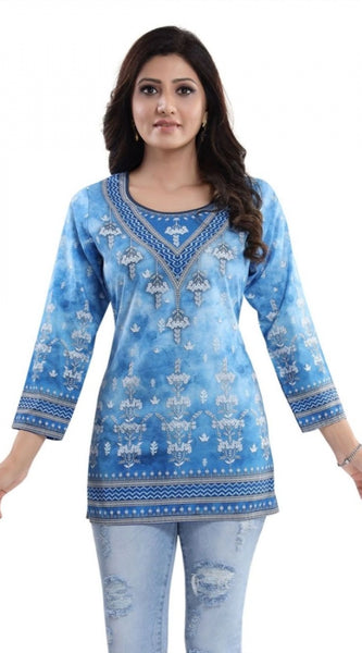 Mayawye Women's Quarter Sleeve Faux Crepe Printed Short Kurti Tunic Top (Color:Sky Blue)