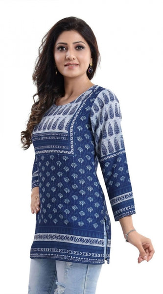 Mayawye Women's Quarter Sleeve Faux Crepe Printed Short Kurti Tunic Top (Color:Blue)