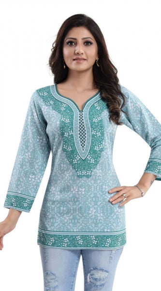Mayawye Women's Quarter Sleeve Faux Crepe Printed Short Kurti Tunic Top (Color:Blue)