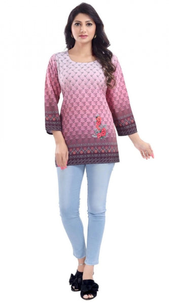 Mayawye Women's Quarter Sleeve Faux Crepe Printed Short Kurti Tunic Top (Color:Pink)