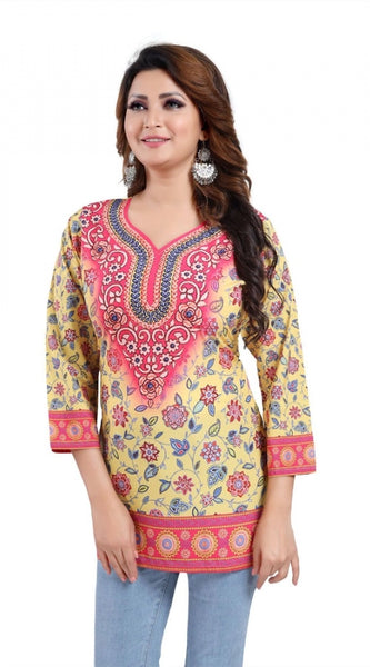 Mayawye Women's Quarter Sleeve Faux Crepe Printed Short Kurti Tunic Top (Color:Yellow)