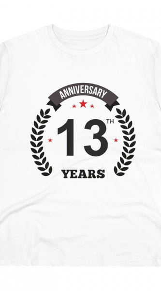 Mayawye Men's PC Cotton 13th Anniversary Printed T Shirt (Color: White, Thread Count: 180GSM)
