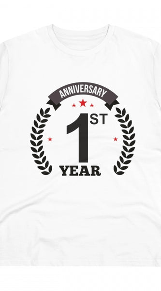 Mayawye Men's PC Cotton 1st Anniversary Printed T Shirt (Color: White, Thread Count: 180GSM)