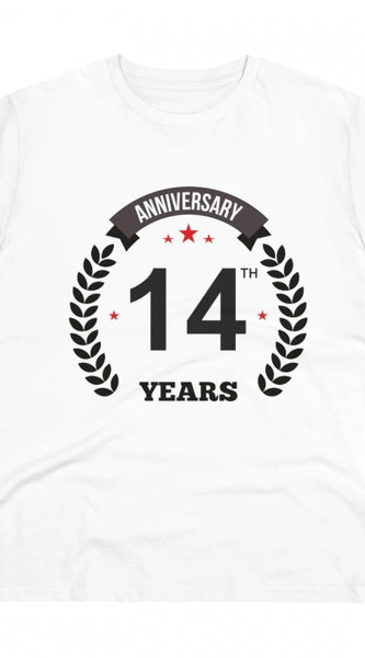 Mayawye Men's PC Cotton 14th Anniversary Printed T Shirt (Color: White, Thread Count: 180GSM)