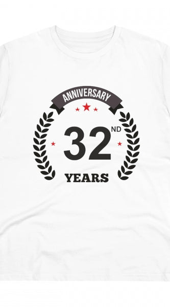 Mayawye Men's PC Cotton 32nd Anniversary Printed T Shirt (Color: White, Thread Count: 180GSM)