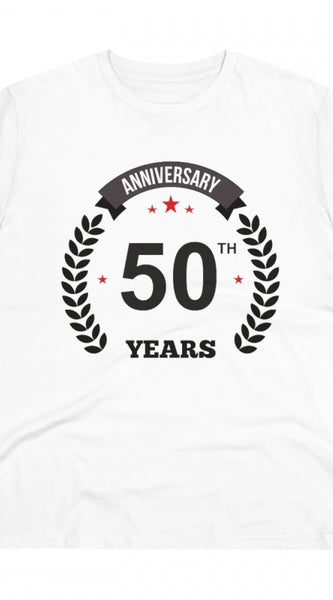 Mayawye Men's PC Cotton 50th Anniversary Printed T Shirt (Color: White, Thread Count: 180GSM)