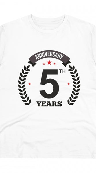 Mayawye Men's PC Cotton 5th Anniversary Printed T Shirt (Color: White, Thread Count: 180GSM)