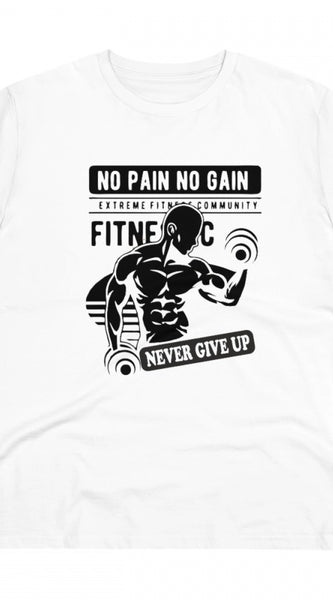 Mayawye Men's PC Cotton Gym No Pain No Gain Never Give Up Printed T Shirt (Color: White, Thread Count: 180GSM)