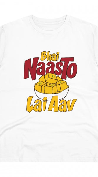 Mayawye Men's PC Cotton Bhai Nasto Lai Aav Printed T Shirt (Color: White, Thread Count: 180GSM)