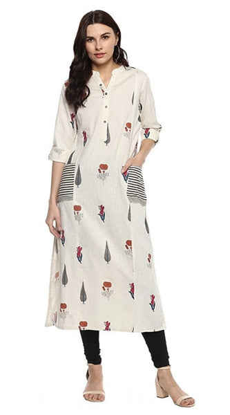 Mayawye Women's Khadi Printed A Line Kurti (Off White, Khadi)