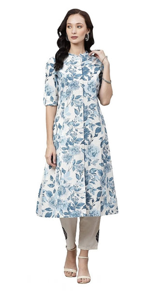 Mayawye Women's Cotton Printed Floral Print Kurti (White, Blue, Cotton)