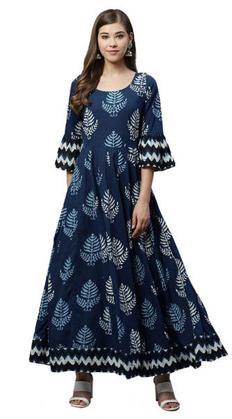 Mayawye Women's Cotton Printed Regular Kurti (Blue, Cotton )