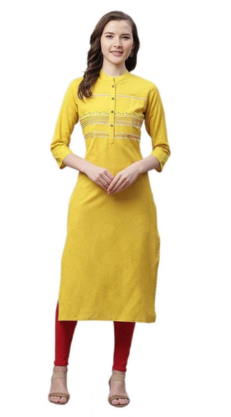 Mayawye Women's Pure Cotton Printed Straight Kurti (Yellow, Pure Cotton)