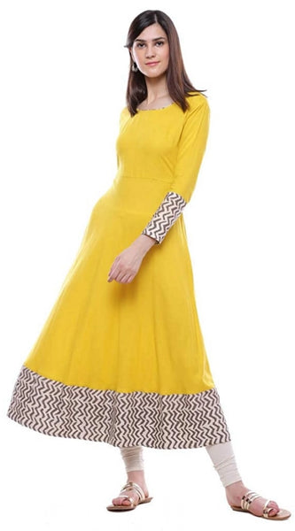 Mayawye Women's Rayon Printed Solid Anarkali Kurti (Yellow, Rayon)