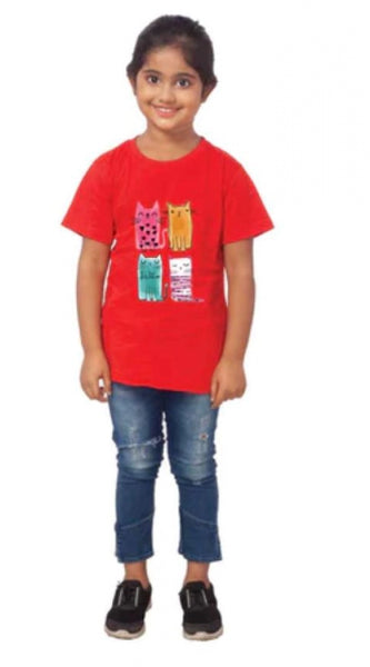 Mayawye Girls Cotton Cat Half Sleeve TShirt (Red)