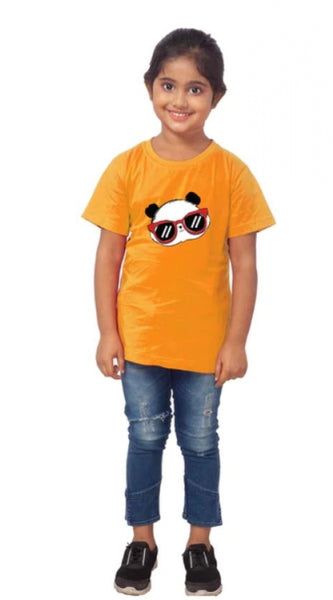 Mayawye Girls Cotton Panda Glass Half Sleeve TShirt (Mustard)