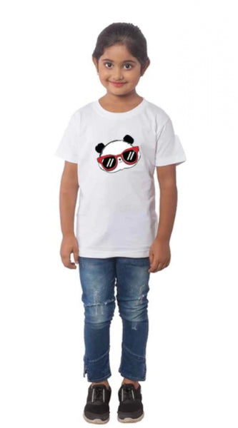 Mayawye Girls Cotton Panda Glass Half Sleeve TShirt (White)