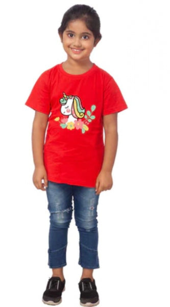 Mayawye Girls Cotton Unicorn Face Half Sleeve TShirt (Red)