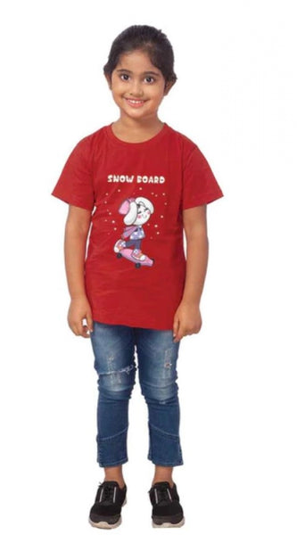 Mayawye Girls Cotton Snow Board Half Sleeve TShirt (Maroon)