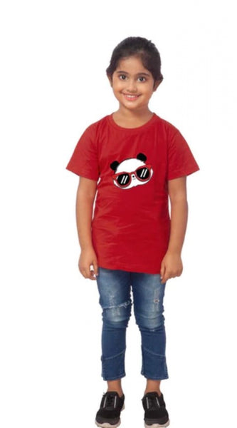 Mayawye Girls Cotton Panda Glass Half Sleeve TShirt (Maroon)