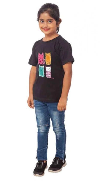 Mayawye Girls Cotton Cat Half Sleeve TShirt (Black)