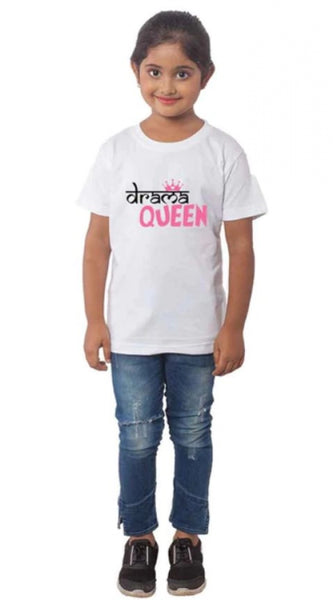 Mayawye Girls Cotton Drama Queen Half Sleeve TShirt (White)