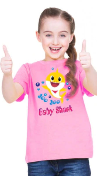Mayawye Girls Cotton Baby Shark Half Sleeve TShirt (Pink)
