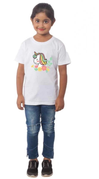 Mayawye Girls Cotton Unicorn Face Half Sleeve TShirt (White)