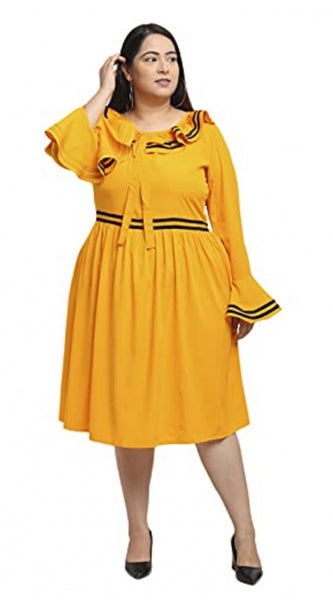 Mayawye Women's Crepe Solid Knee Length Fit and Flare Dress (Yellow)