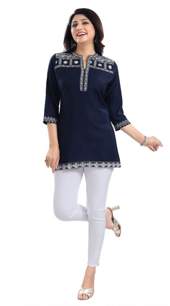 Mayawye Women's 3/4th Sleeve Viscose Tunic Short Top (Blue)