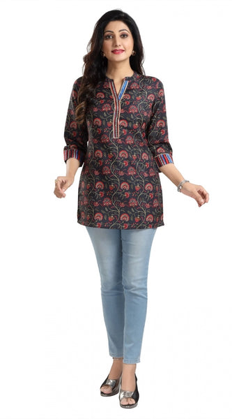 Mayawye Women's 3/4th Sleeve Viscose Blend Tunic Short Top (Black)
