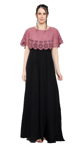 Mayawye Women's Crepe Solid Sleeveless Full Length Gown(Peach Black)
