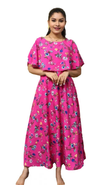 Mayawye Women's Crepe Floral Half Sleeves Full Length Gown(Pink)
