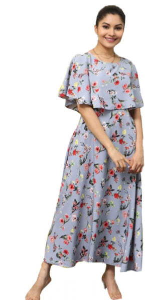 Mayawye Women's Crepe Floral Half Sleeves Full Length Gown(Light Grey)
