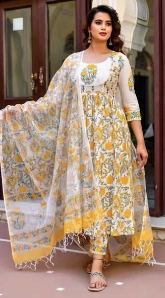 Mayawye Women's Cotton Blend Printed Work Kurti With Bottom And Dupatta Set (Yellow)
