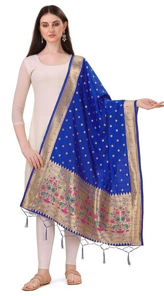 Mayawye Women's Silk Pure Zari weaving Duppatta (Blue, Length: 2-2.3 Mtrs)